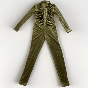 FASHION NOVA Olive Velvet Jumpsuit | Front Button Ruched Detail | Size M
